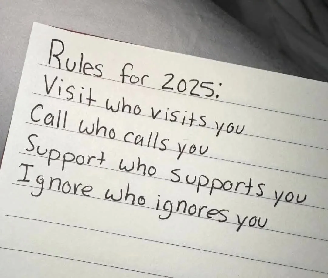 A handwritten note on lined paper lists 'Rules for 2025' with four reciprocal social guidelines: visit those who visit you…