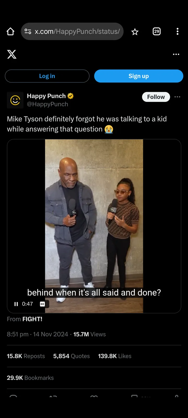 A screenshot of an X post showing Mike Tyson and a young girl interviewer holding microphones. The overlaid text on the…