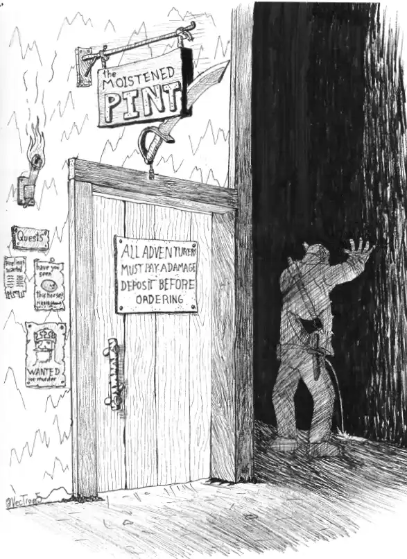 A black-and-white sketch shows a rustic tavern door labeled 'The Moistened Pint' with a sign stating 'ALL ADVENTURERS MUST…