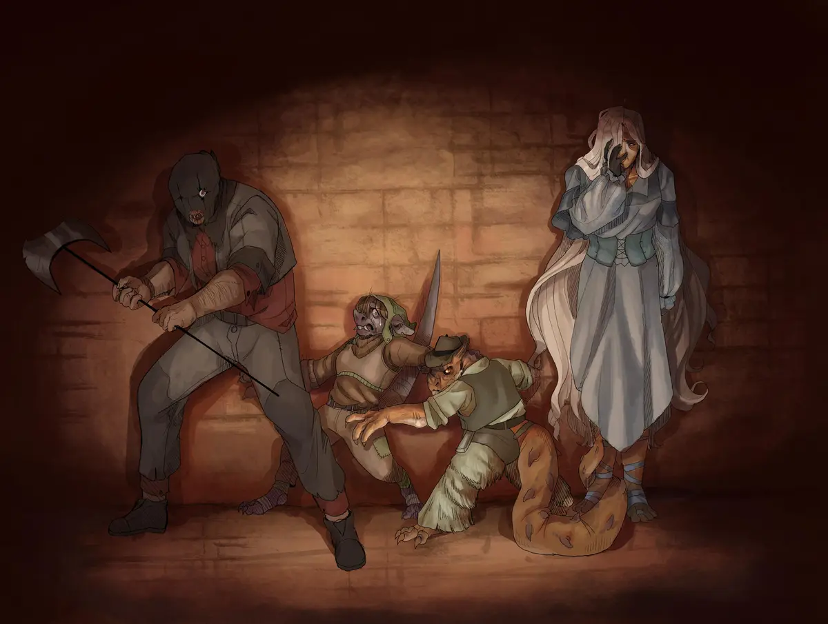 An illustration shows four fantasy characters in a dimly lit stone room. On the left, a masked figure wields a scythe. In…