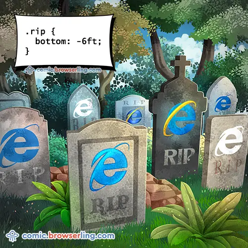 A graveyard scene with multiple tombstones, each engraved with the old Internet Explorer logo and 'RIP' text, symbolizing…