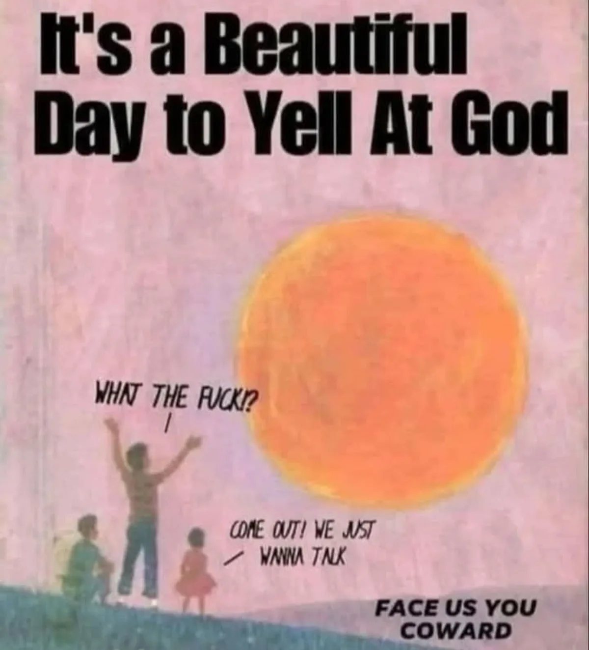 An illustration shows three silhouetted figures on a hill under a large orange sun against a pink sky. The top text reads…