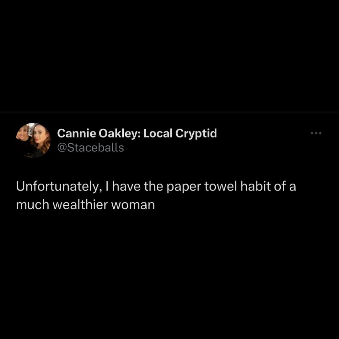 A screenshot of a tweet from user Cannie Oakley: Local Cryptid (@Staceballs) displays the text 'Unfortunately, I have the…