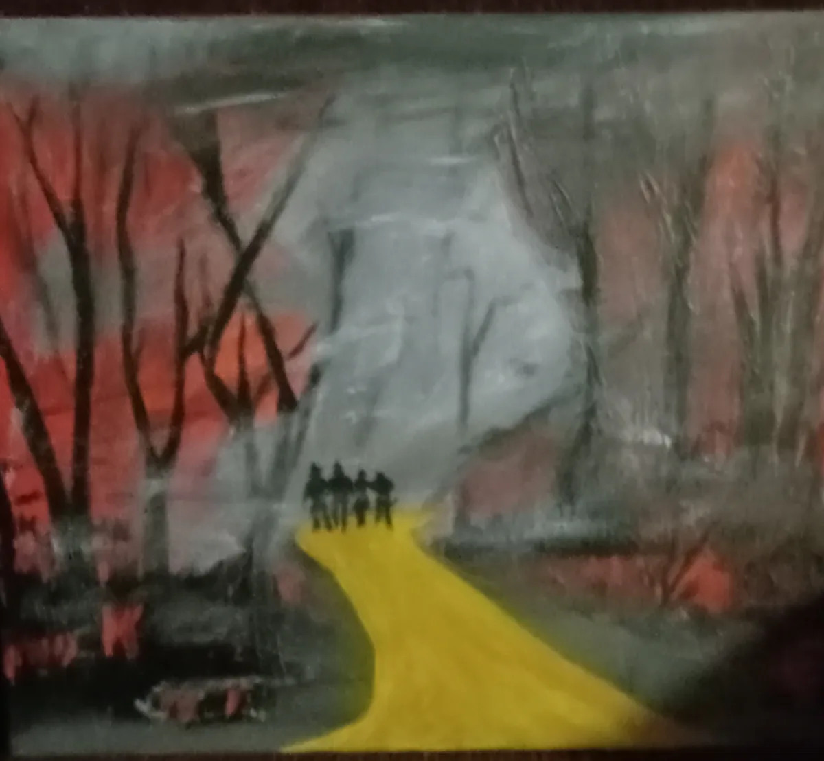 A painting depicts five small black silhouettes walking along a bright yellow path through a dark, gloomy forest with bare…
