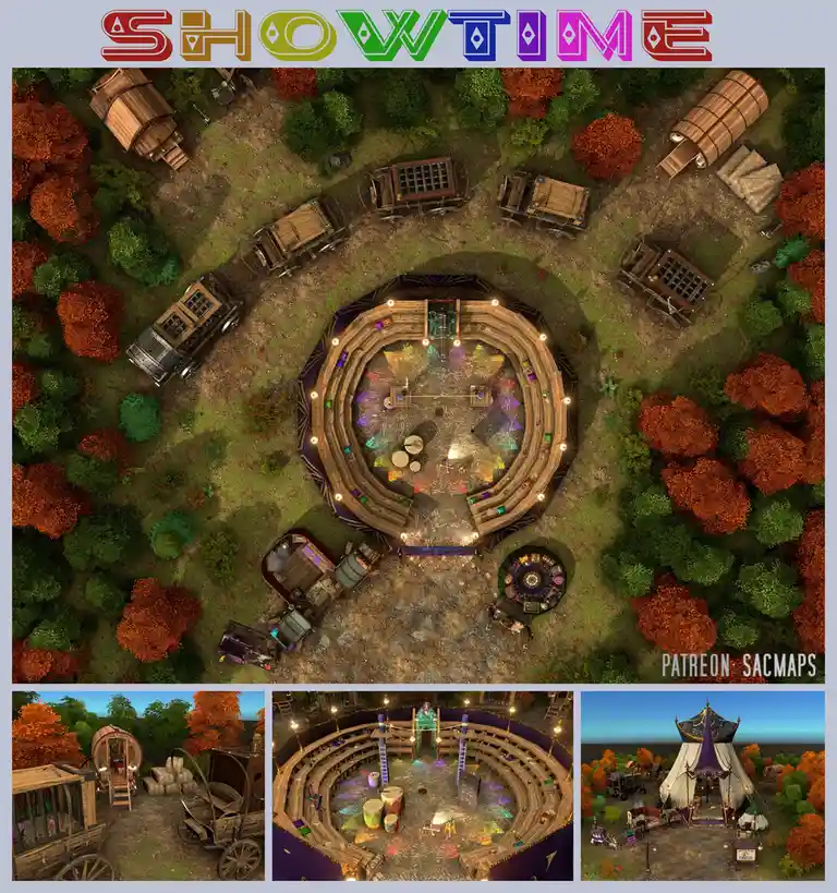An overhead view of a fantasy circus encampment with a central wooden ring surrounded by wagons and autumn trees, topped…