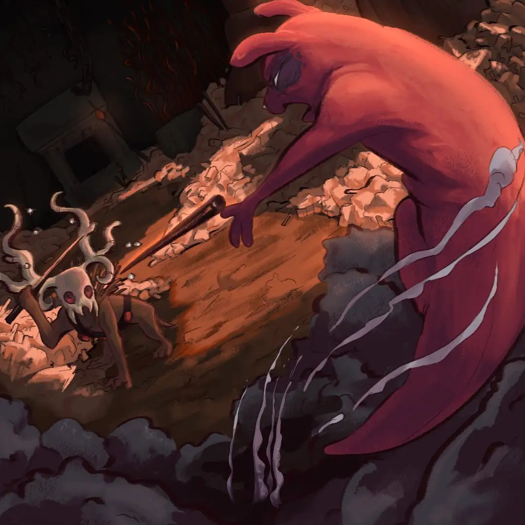 A small, skeletal creature with antlers and glowing red eyes wields a spear while facing a towering, menacing red humanoid…