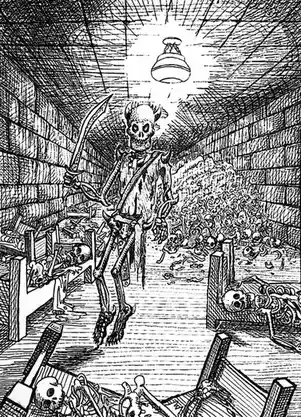 A black-and-white sketch depicts a skeletal figure in a suit holding a scythe, standing in a dimly lit, dungeon-like room…