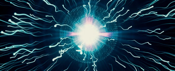 A digital illustration shows a bright, glowing central orb emitting numerous glowing, wavy tendrils against a dark blue…
