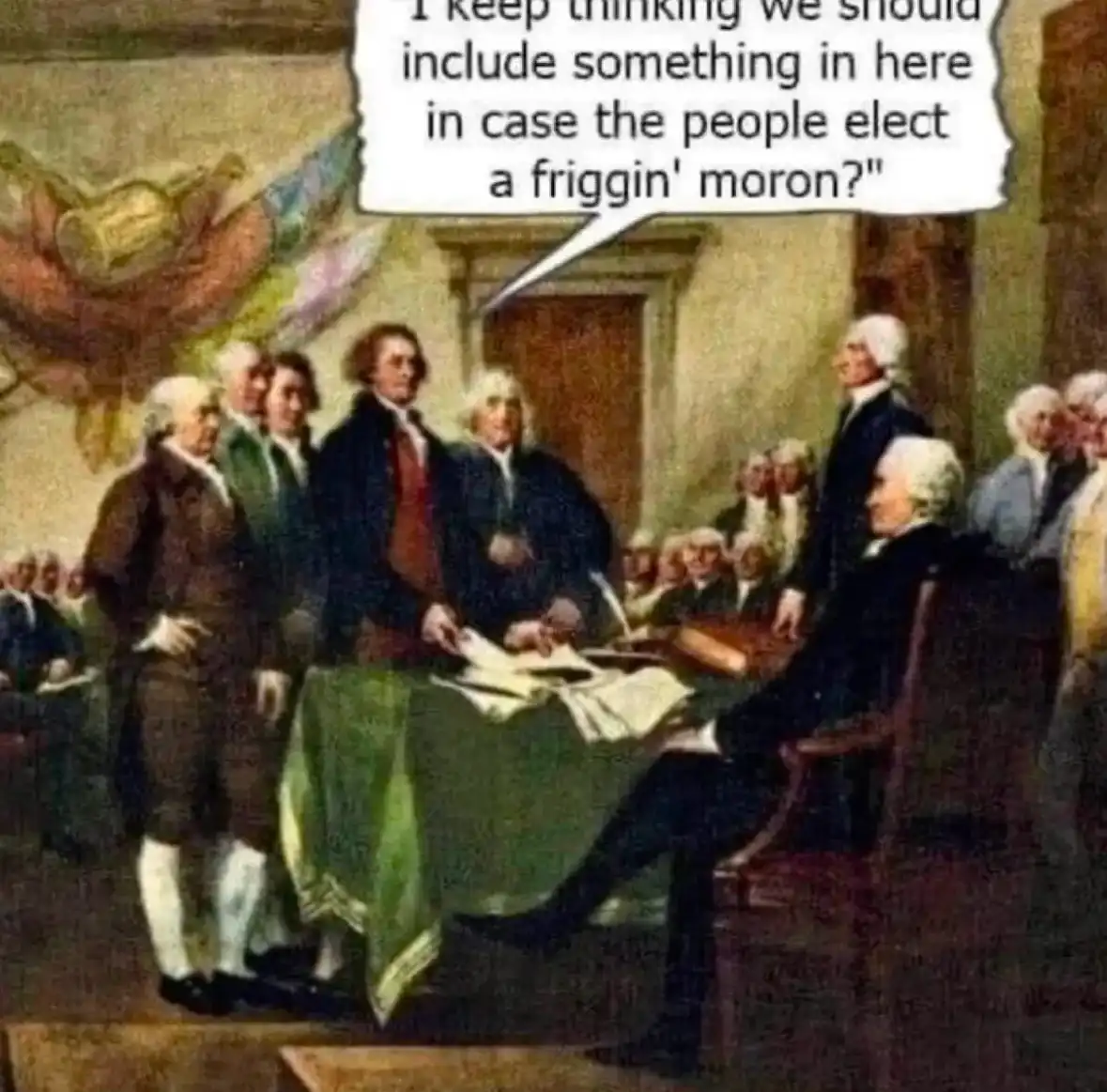 A historical painting depicts Founding Fathers gathered around a table, with one figure speaking. A speech bubble above him…