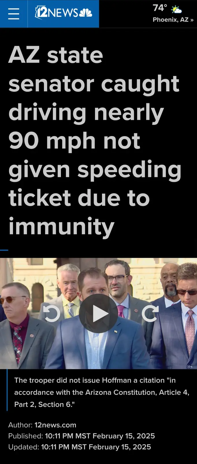 A screenshot of a 12news.com article headline shows a group of men in suits, with the main headline stating an Arizona state…