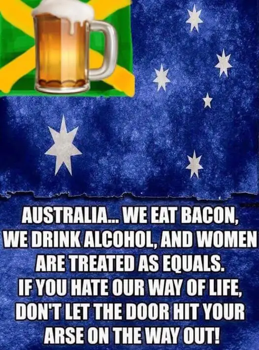 The image shows a beer mug with foam on top placed over the Jamaican flag, while the lower half displays the Australian flag…