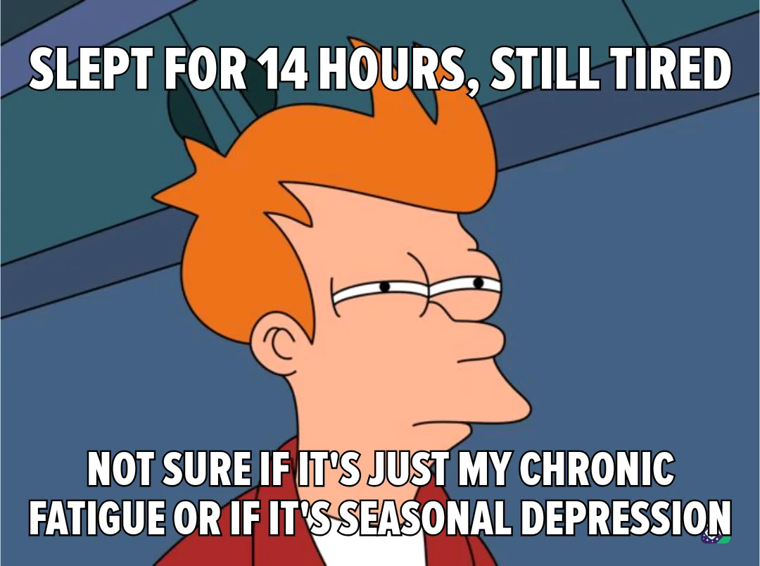 The image shows a cartoon character with orange hair and glasses, looking tired and slightly annoyed. The text overlaid on…