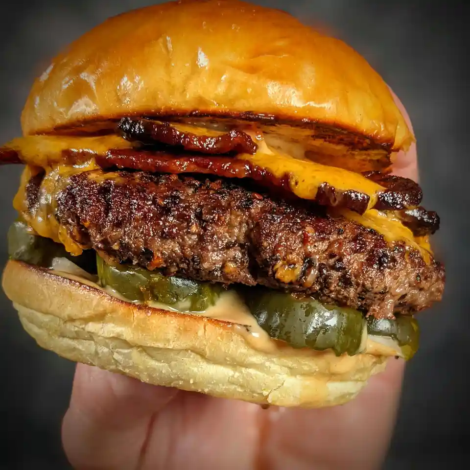 A hand holds a large, juicy burger with a toasted bun, a thick beef patty, melted cheese, crispy bacon, pickles, and sauce…