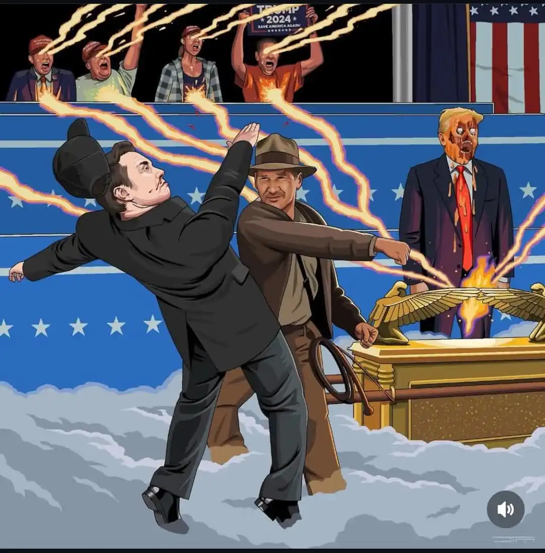 An illustrated scene shows Elon Musk in a black suit and hat, being propelled backward by fiery beams shooting from the eyes…