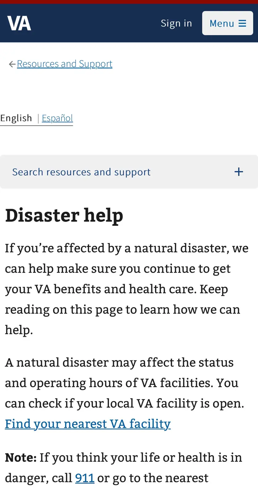 A screenshot of the U.S. Department of Veterans Affairs website's 'Disaster help' page, which advises users to call 911 if…