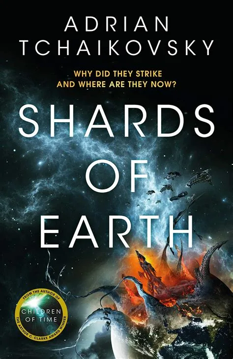 The image is the cover of Adrian Tchaikovsky's science fiction novel 'Shards of Earth,' featuring a cosmic scene with a…
