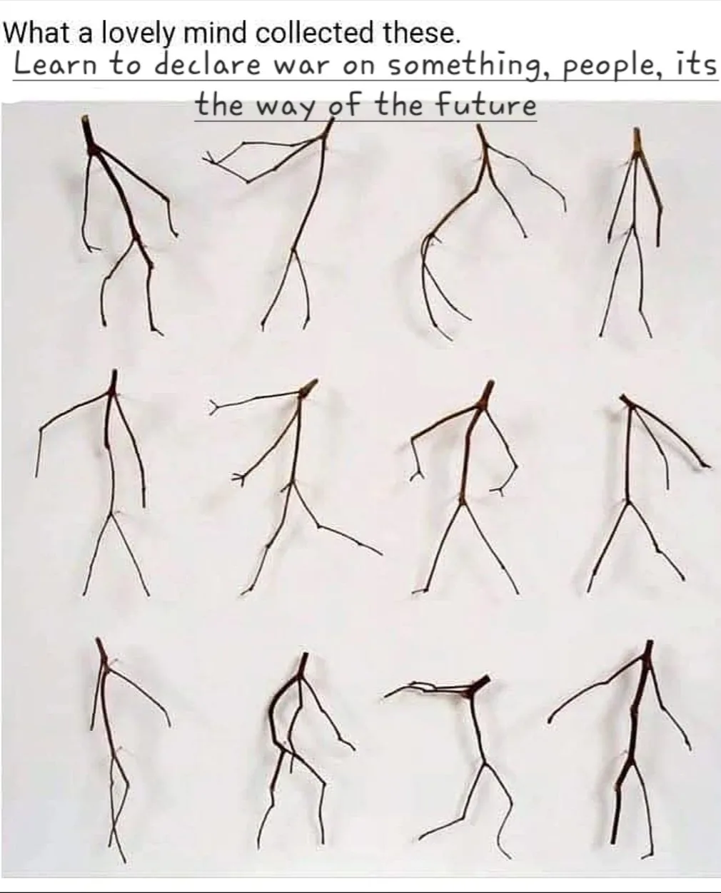The image displays a collection of stick figures made from twigs arranged on a white surface, each with a different pose…