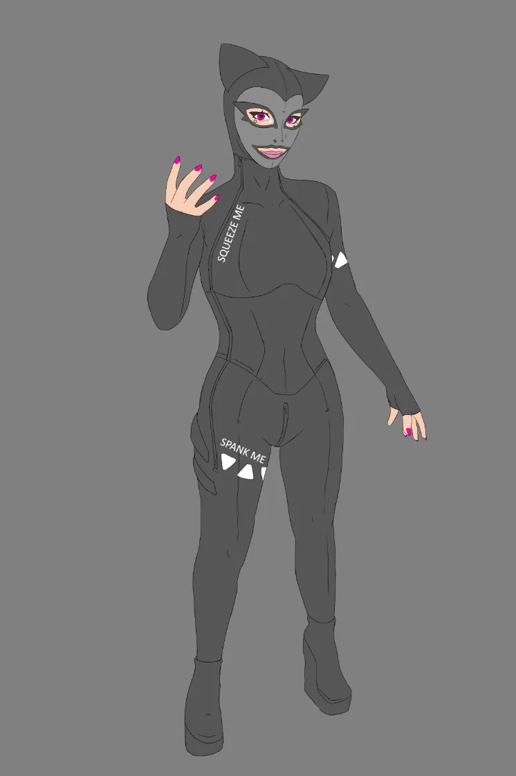 A cartoon woman in a full-body grey cat suit with cat ears and pink fingernails stands against a plain grey background. The…