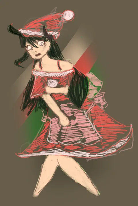 A crudely drawn anime-style girl with black hair wears a red Santa hat and a red dress, holding a mug. She has a tired…