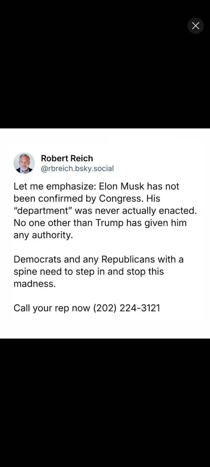 A screenshot of a post by Robert Reich on a social media platform, featuring his profile picture and text stating that Elon…