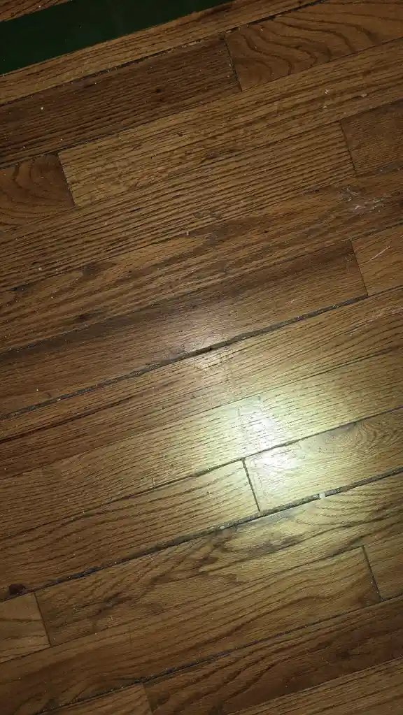 A close-up photo of a worn wooden floor with visible scratches and scuff marks, illuminated by a bright light source…