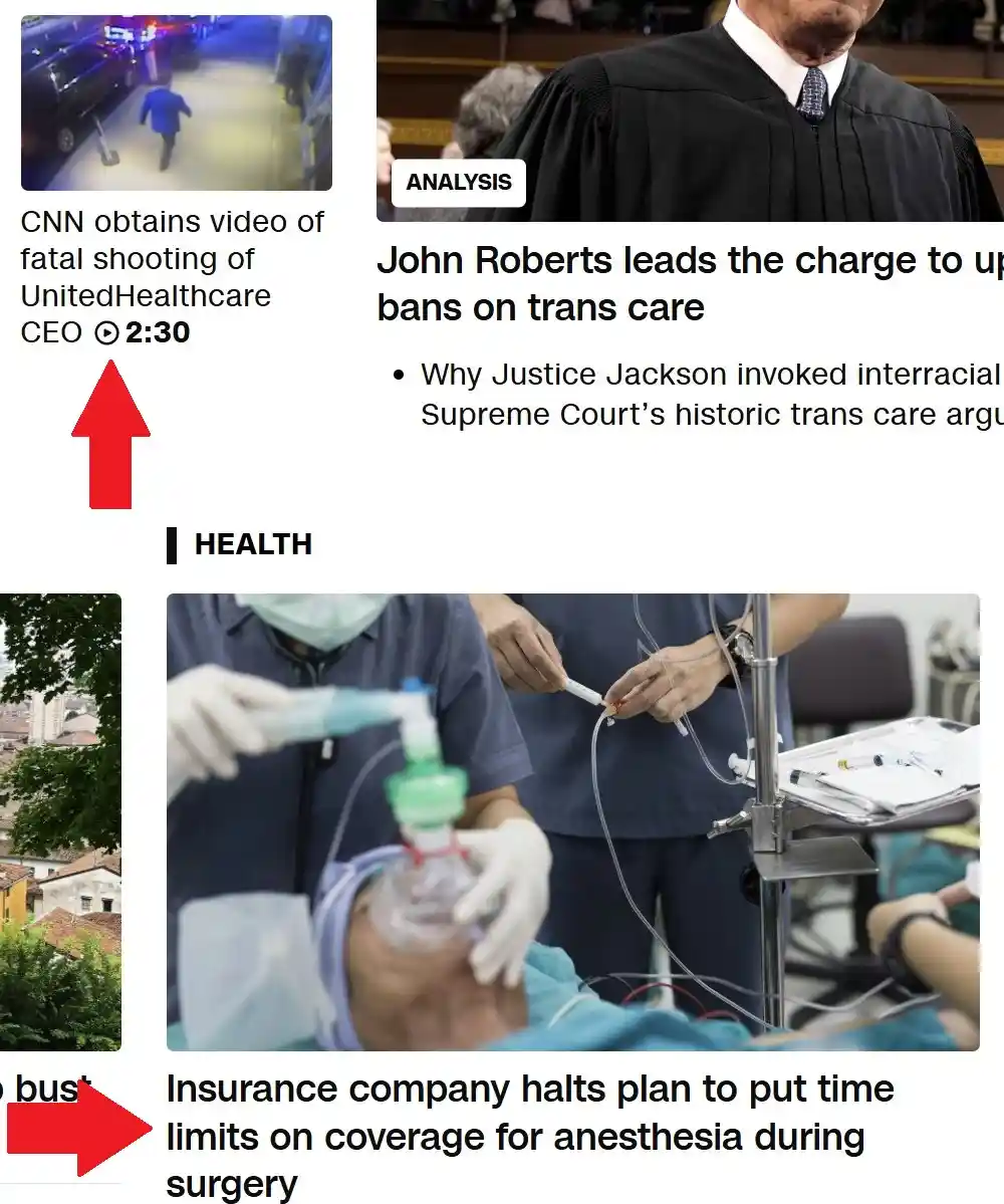 A screenshot of a news feed shows a CNN video about a fatal shooting of a UnitedHealthcare CEO, an article about Justice…