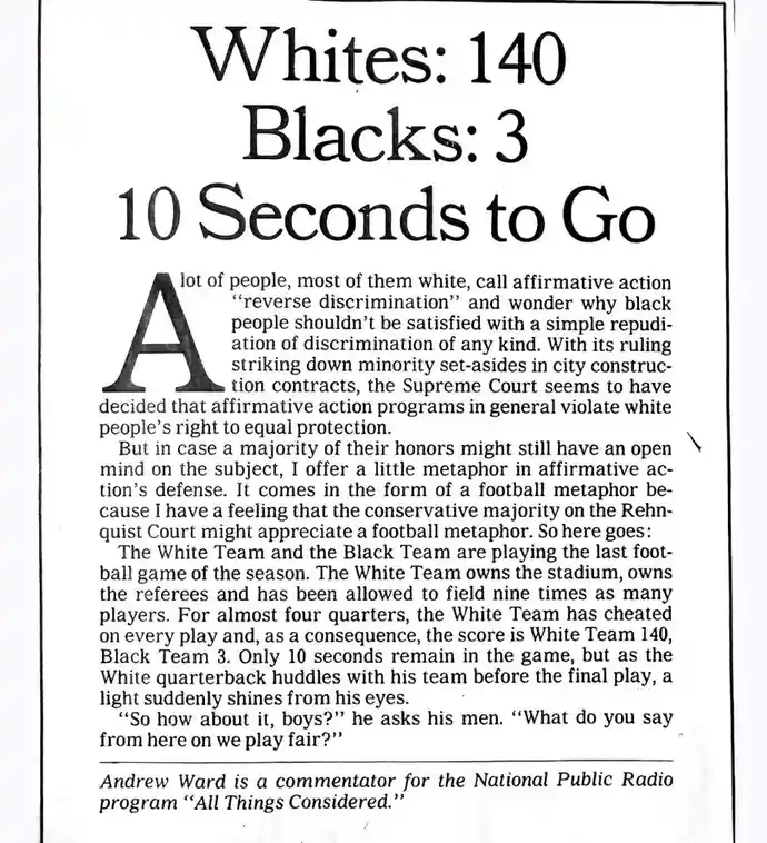 A newspaper-style article with large bold text at the top reading 'Whites: 140', 'Blacks: 3', and '10 Seconds to Go'. The…