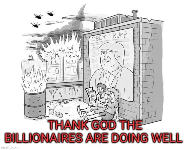 A black-and-white cartoon depicts two people sitting on the ground in front of a large building with a poster of Donald…