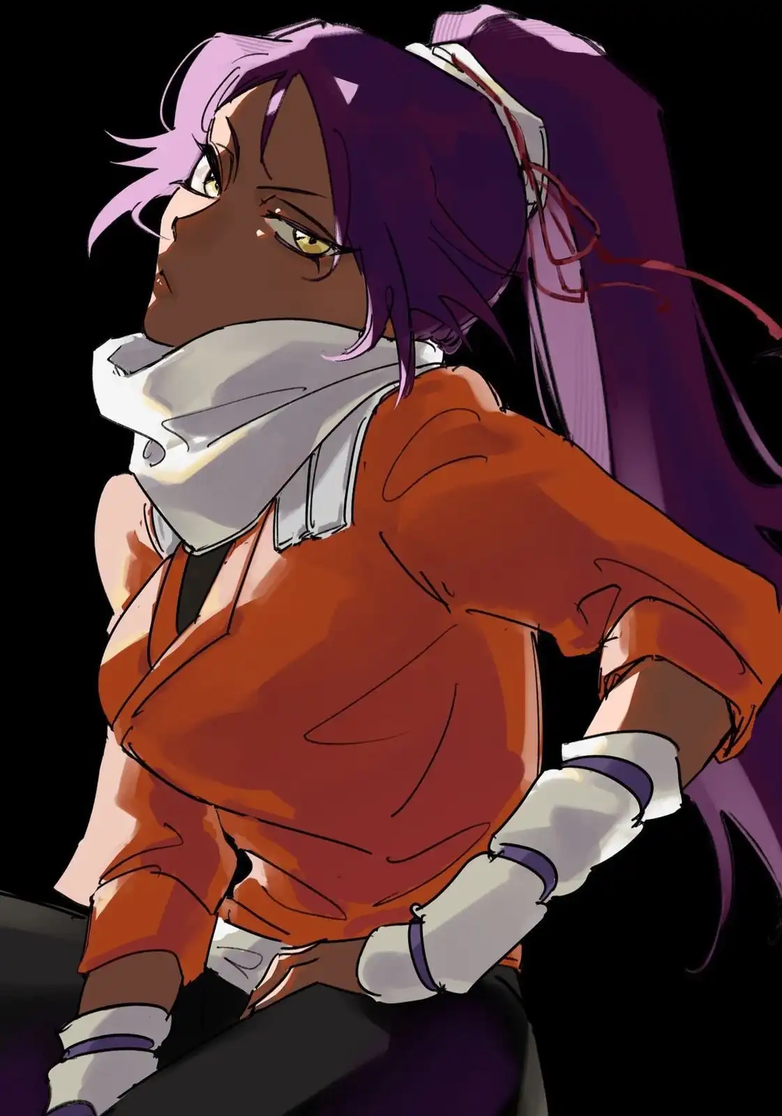 An anime-style illustration of a character with purple hair and yellow eyes, wearing an orange top and white scarf, looking…