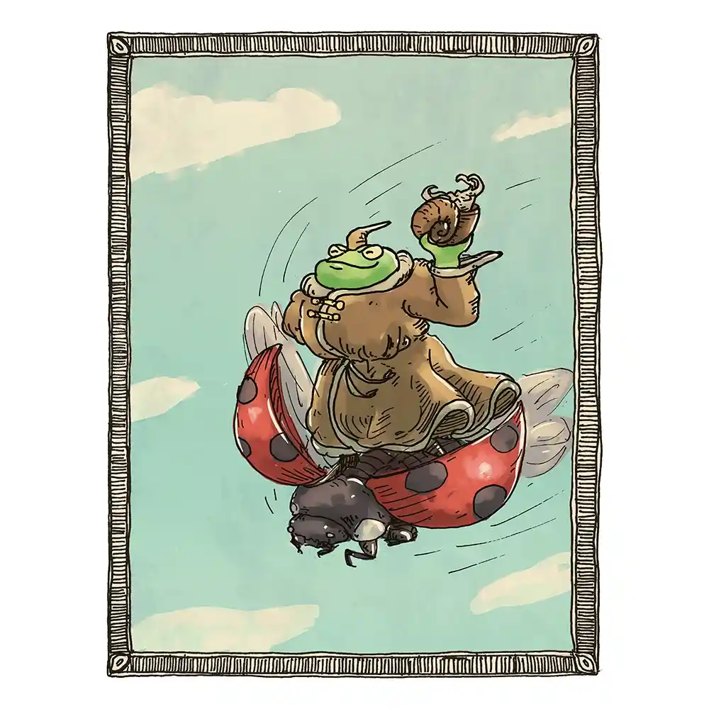 A cartoon frog wearing a brown coat and a green hat is riding a red ladybug with black spots through a light blue sky with…