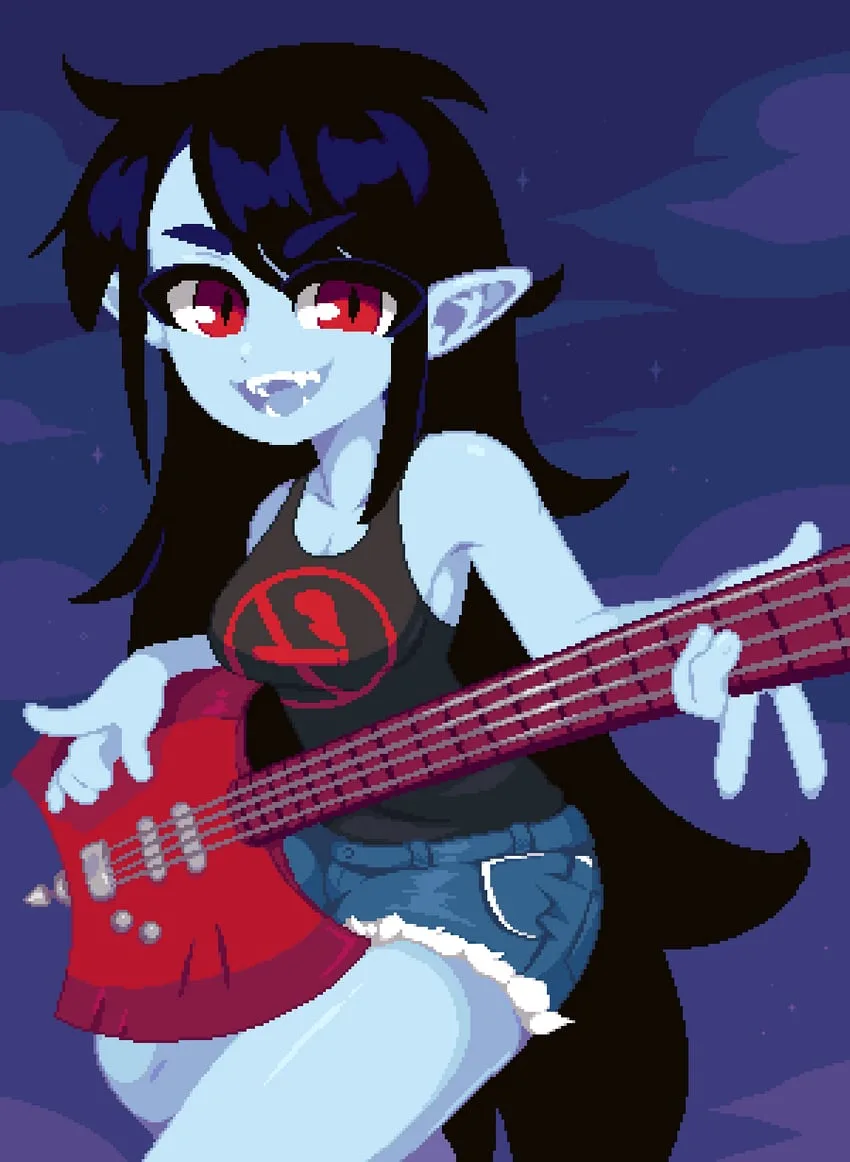 A pixel-art illustration shows a blue-skinned, black-haired elf-like woman with red eyes and fangs, wearing a black tank top…