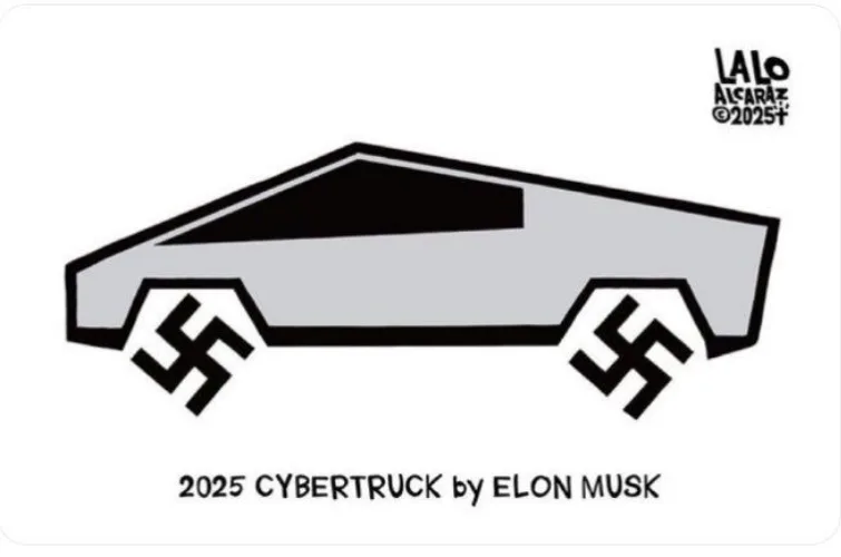 A minimalist black-and-white illustration of a futuristic, angular car resembling the Tesla Cybertruck, with swastikas drawn…