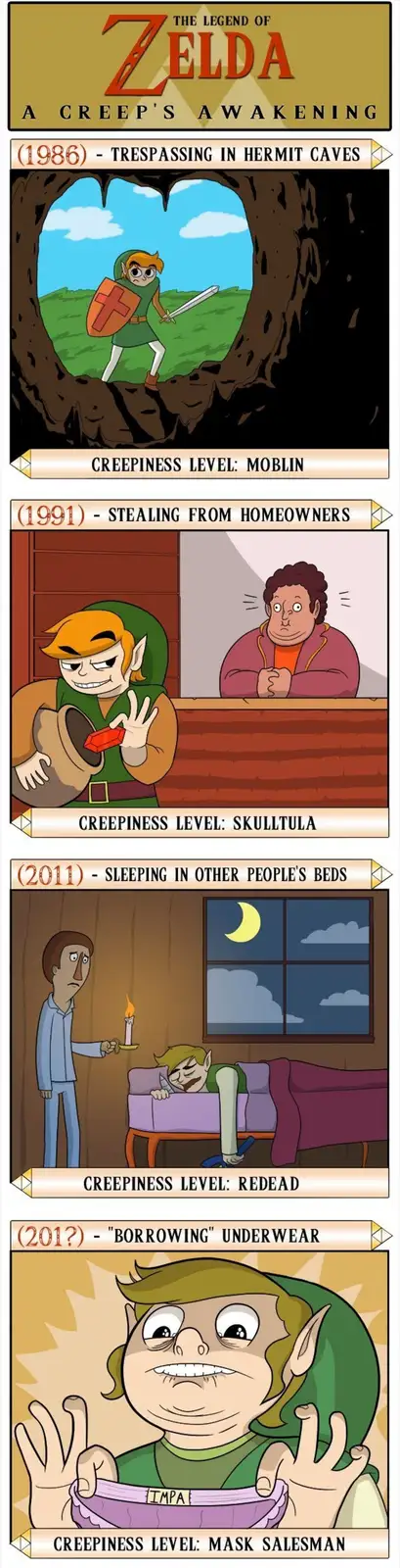 A four-panel comic titled 'The Legend of Zelda: A Creep's Awakening' humorously depicts Link's escalating creepiness across…