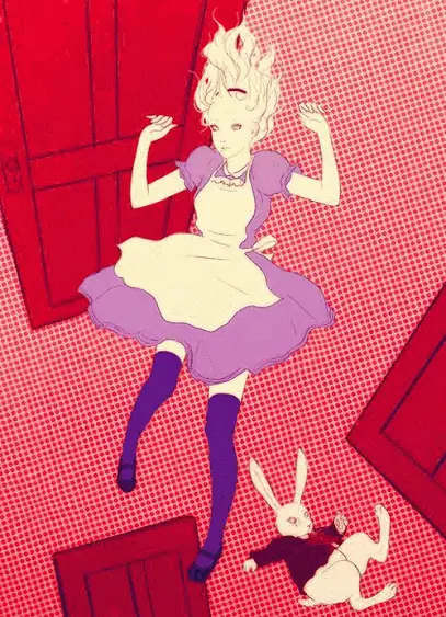 The image is split into two halves, each showing a stylized Alice in Wonderland scene. The top half depicts Alice with…