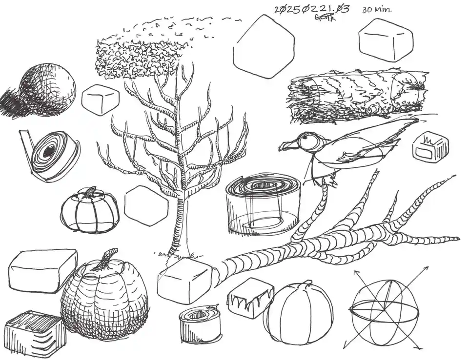 A black-and-white sketch shows a central tree with various geometric shapes and objects scattered around it, including…