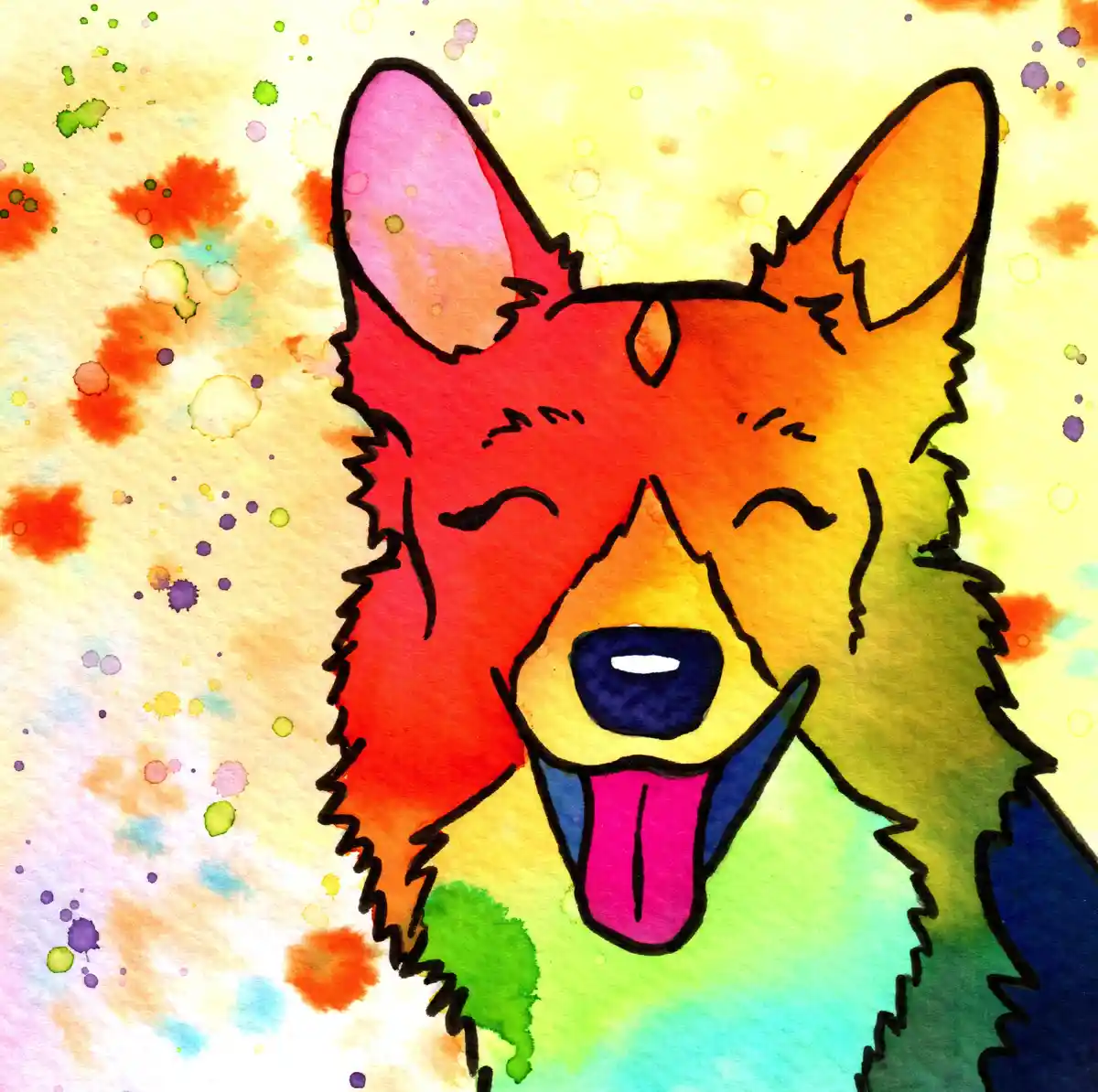 A watercolor-style illustration of a dog's head with a rainbow gradient coloring its fur, tongue, and ears, set against a…