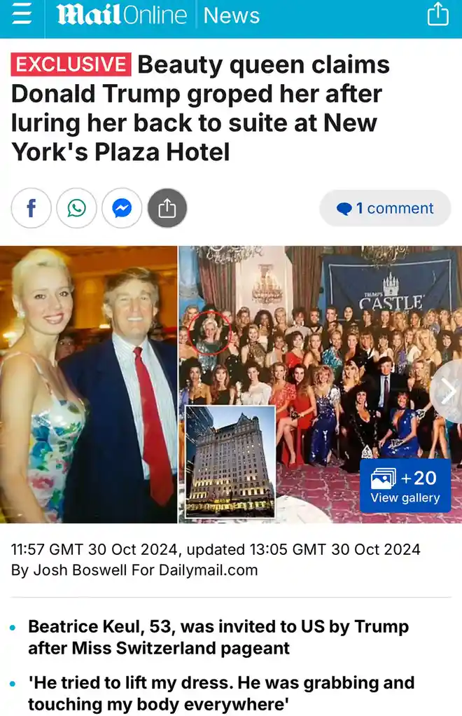 A screenshot of a MailOnline news article featuring a headline about a beauty queen's claim that Donald Trump groped her at…