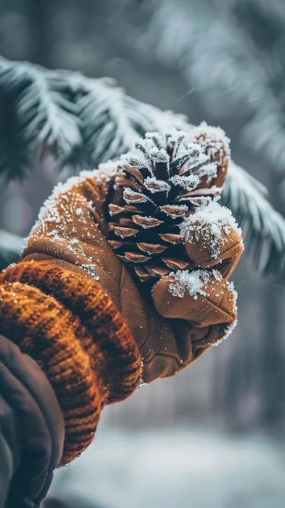 A close-up photo shows a hand wearing a brown, textured winter glove holding a pinecone covered in snow. Snowflakes are…