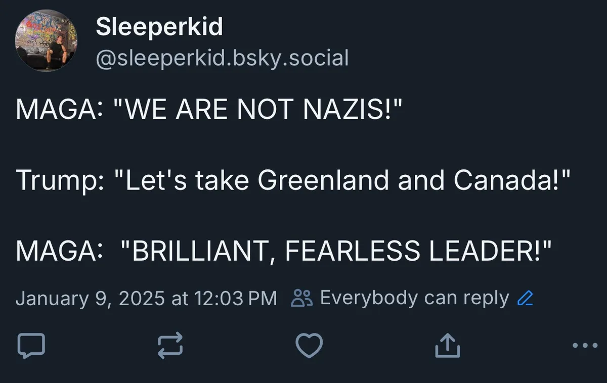 A screenshot of a social media post by 'Sleeperkid' showing three lines of text. The first line reads 'MAGA: "WE ARE NOT…