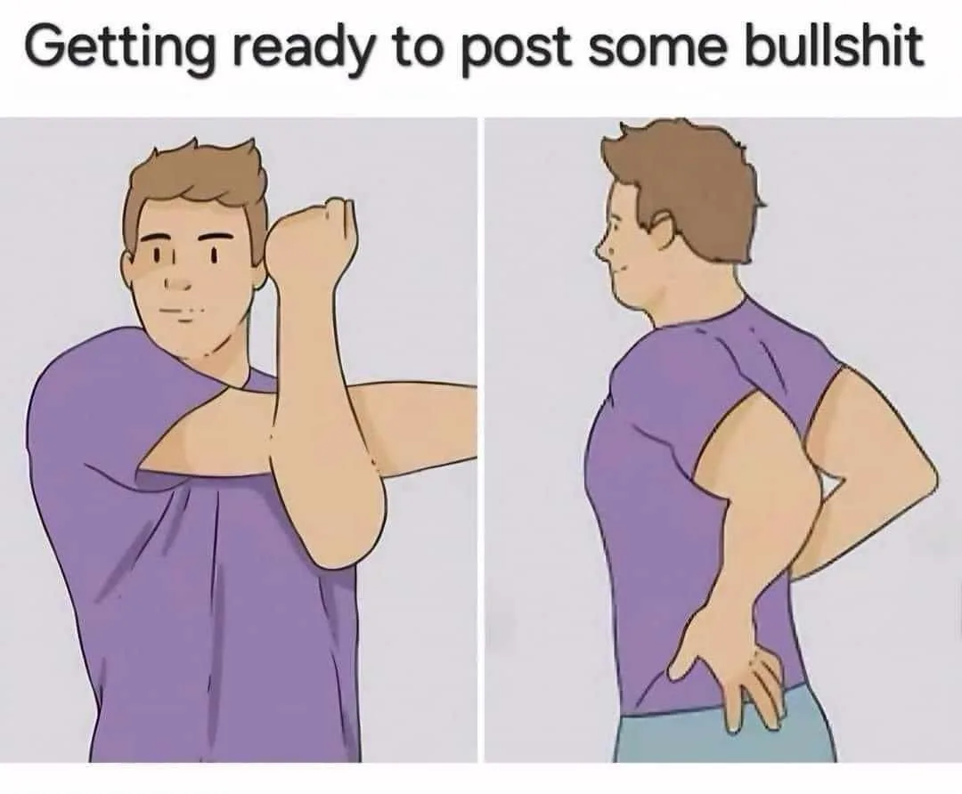 Two-panel cartoon showing a man in a purple shirt first flexing his bicep with a confident expression, then turning to show…