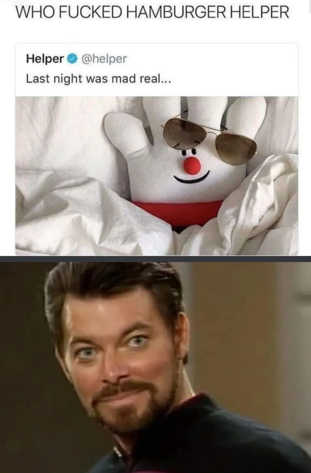The image shows a plush toy resembling the Hamburger Helper mascot, wearing sunglasses and lying in bed under white sheets…