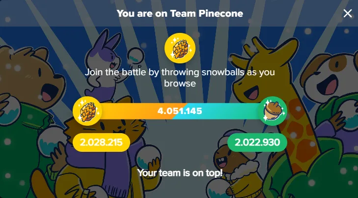 A screenshot from a browser game interface showing a snowy battle scene with cartoon animals cheering. The player is on…