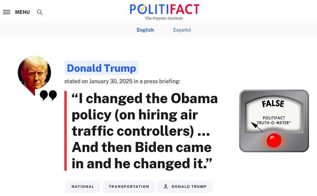 A Politifact webpage screenshot shows a quote attributed to Donald Trump from January 30, 2025, claiming he changed Obama's…