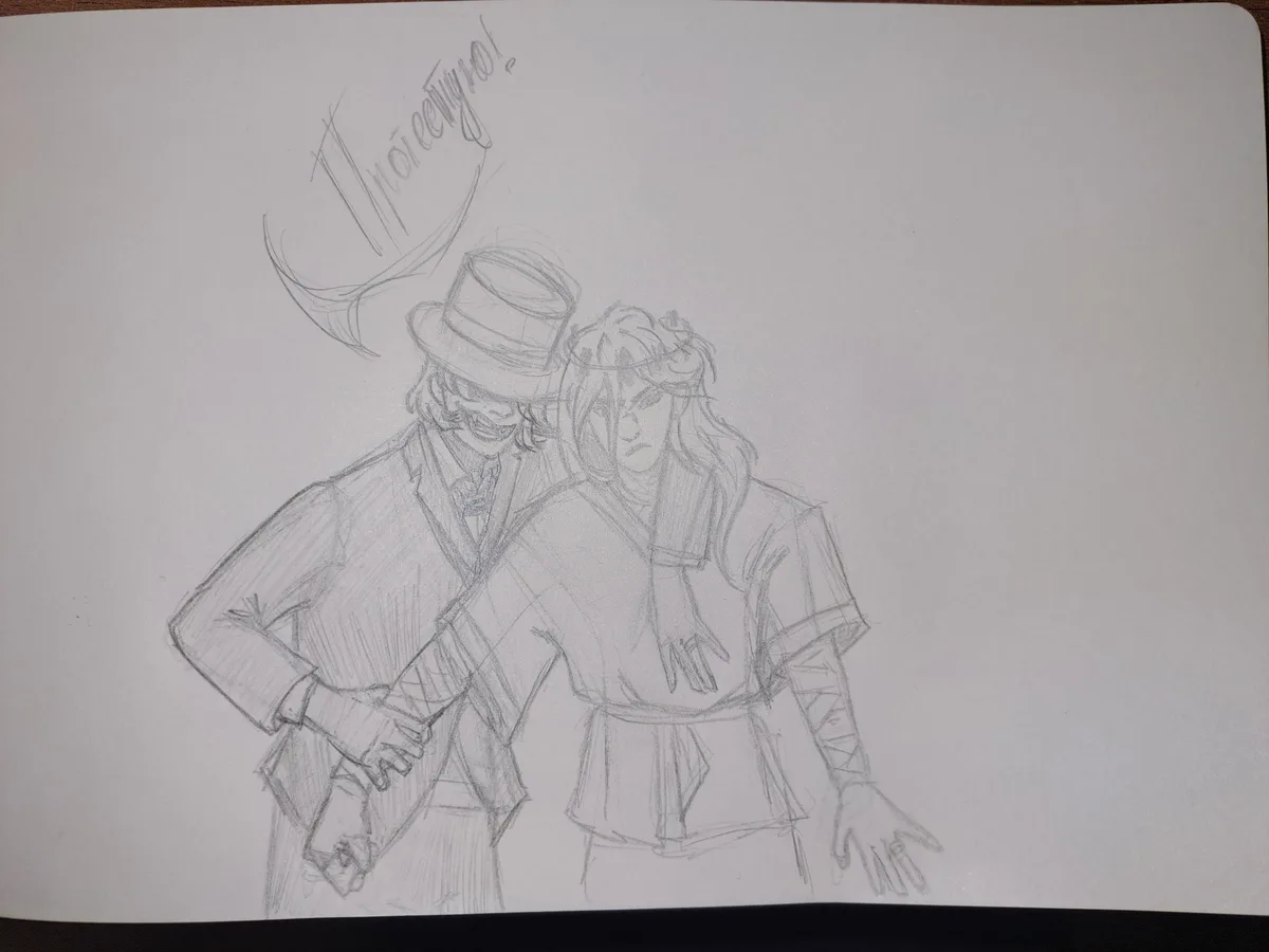 A pencil sketch shows two anime-style characters: one in a top hat and suit with a sinister grin, leaning possessively on…