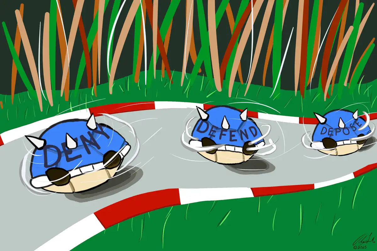 Three cartoonish blue spiked turtle-like creatures race along a curved track bordered by red and white stripes, with tall…