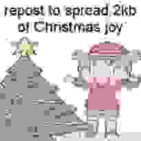 A low-resolution, pixelated image shows a cartoon girl in a pink dress and hat standing beside a gray Christmas tree topped…