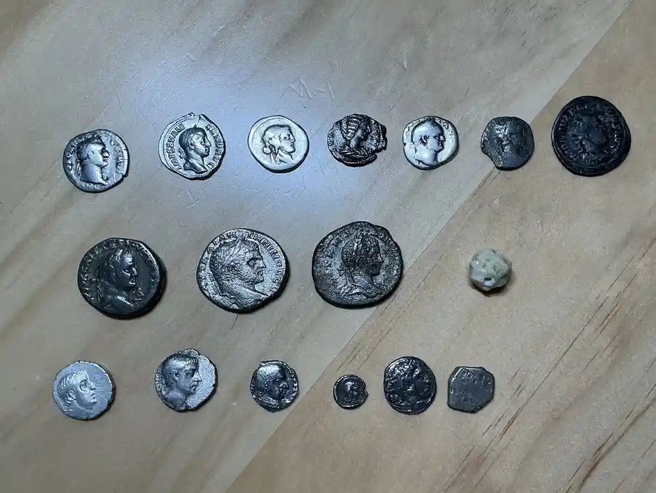 A collection of ancient Roman coins arranged in three rows on a wooden surface, with one small, irregularly shaped…