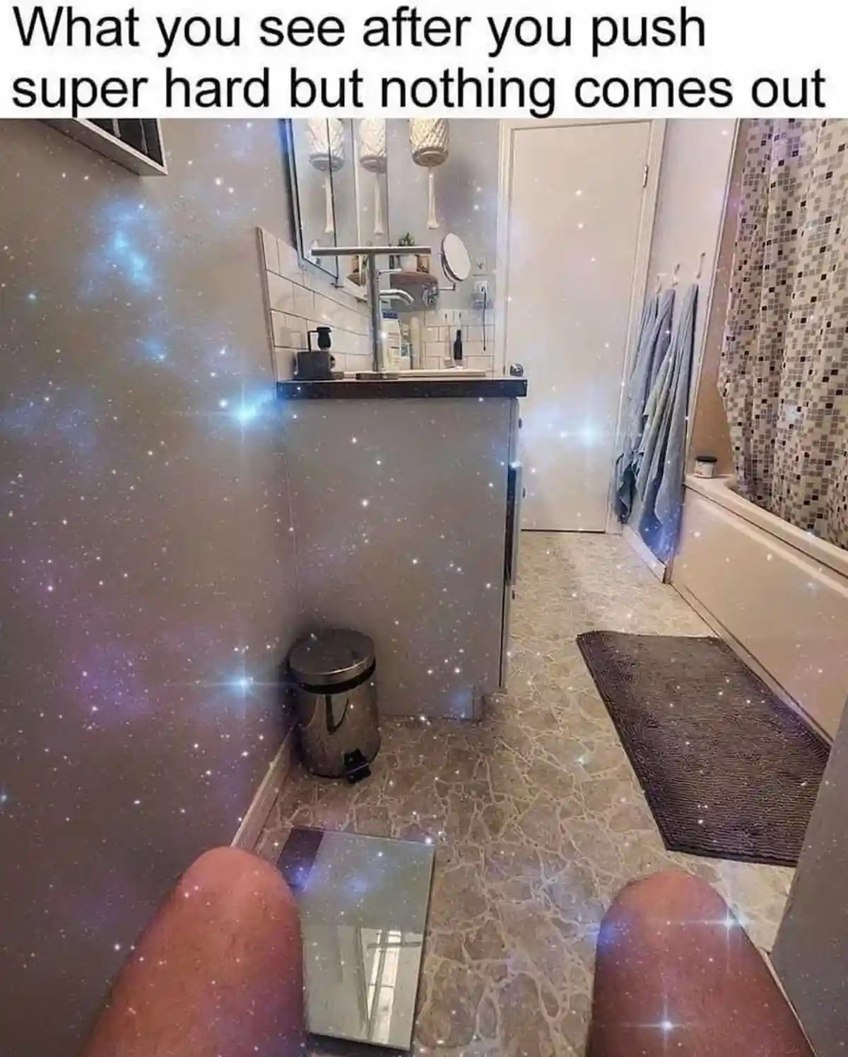 A first-person view from a bathroom floor, showing knees and a scale, with the entire scene overlaid with a sparkling…
