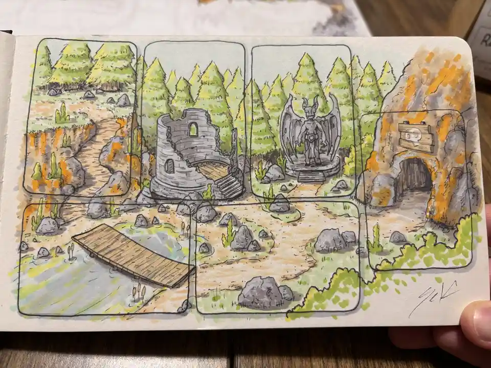 A hand-drawn, watercolor-style map divided into six panels showing a fantasy adventure setting with a forest, a ruined…