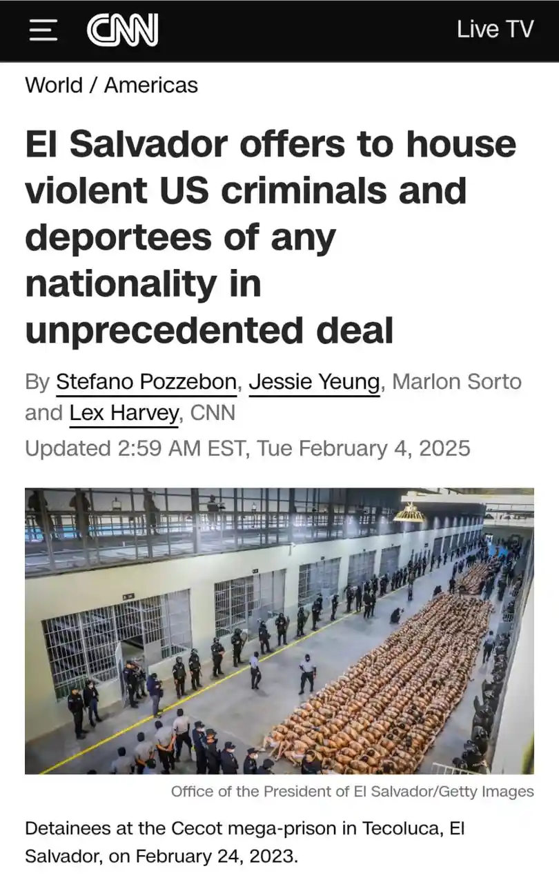 A screenshot of a CNN news article with a headline about El Salvador offering to house violent US criminals and deportees…